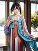 A woman in a kimono standing in front of a window.