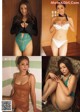 A group of four pictures of a woman in lingerie.